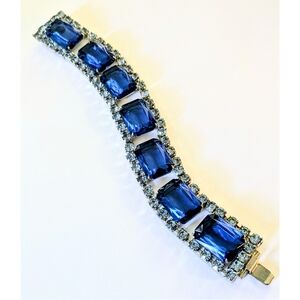 Stunning Vintage Wide Blue Velvet Rhinestone Bracelet Unsigned Kramer
